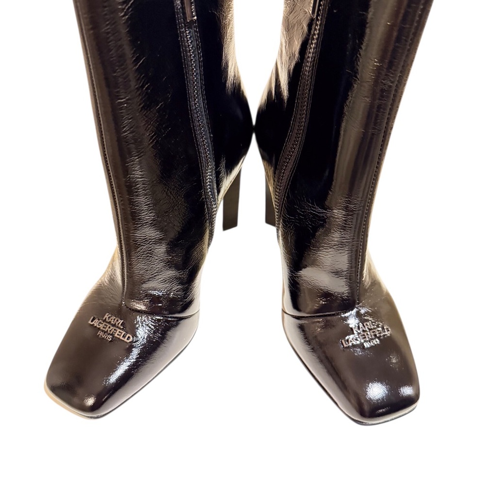 New Karl Lagerfeld Paris mid-calf  black patent square toe boots. Parisian chic